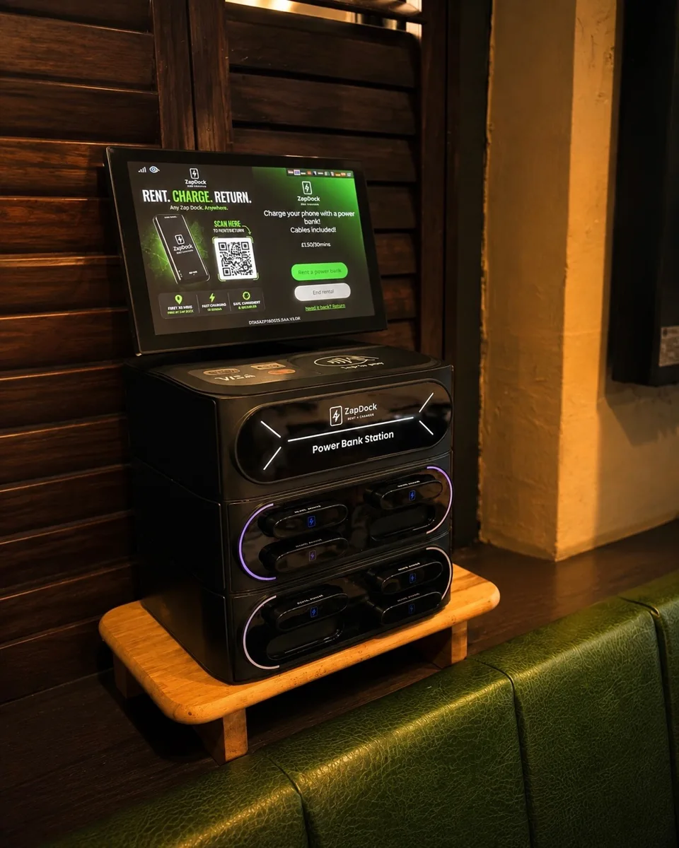 ZapDock countertop charging station mounted above green venue seating