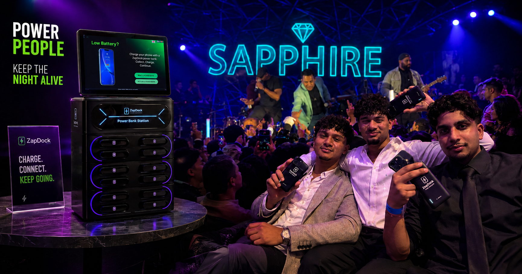 Zap Dock portable charging at Sapphire cultural event